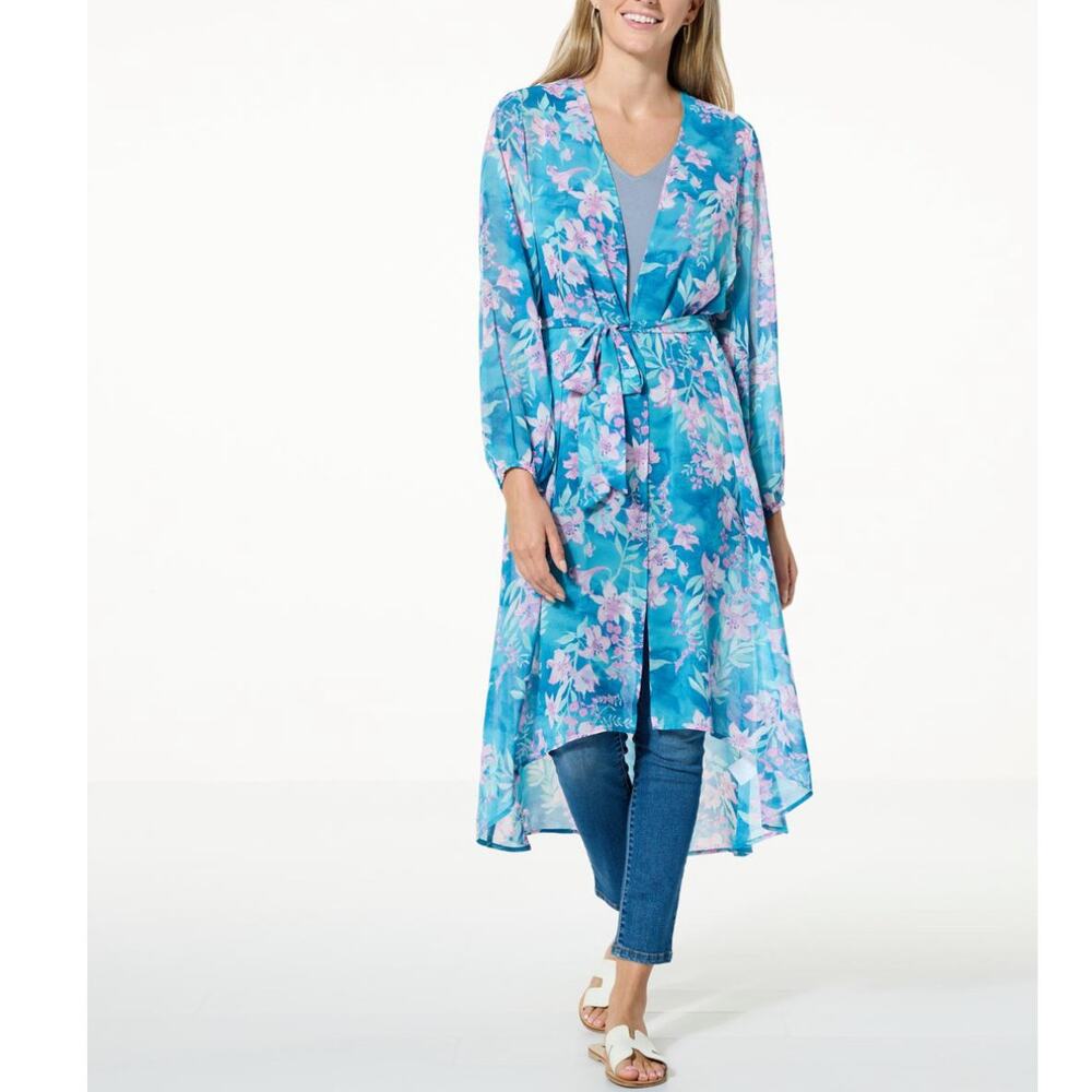 Colleen Lopez Wrap-Style Printed Hi-Low Dress‎ Blue Floral Duster Size 1X